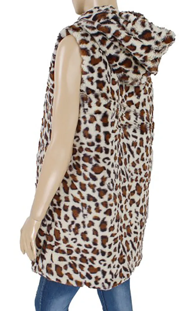 Y916 Leopard Print Super Soft Faux Fur Vest With Hood