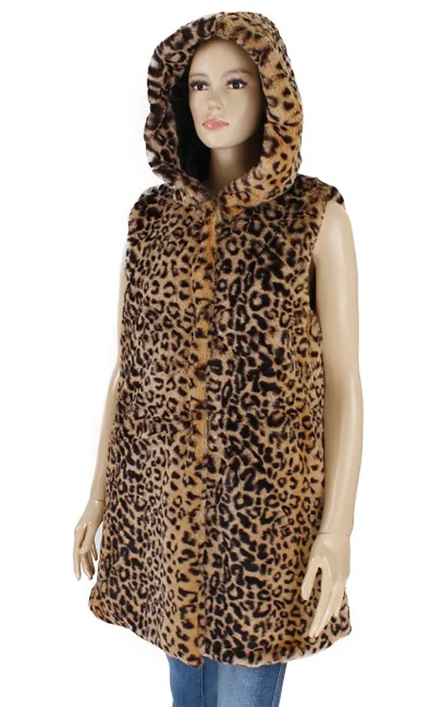 Y916 Leopard Print Super Soft Faux Fur Vest With Hood