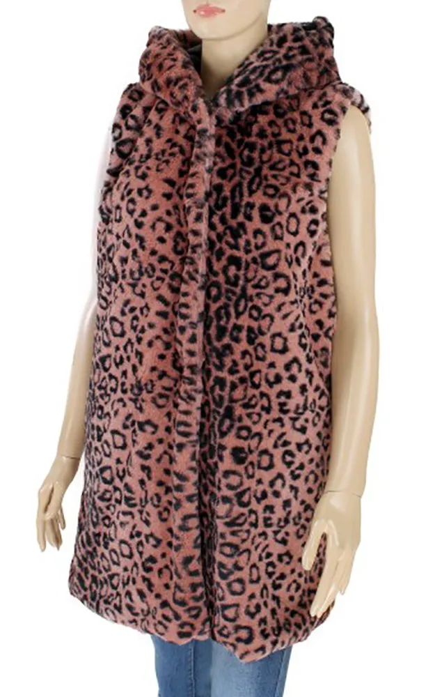 Y916 Leopard Print Super Soft Faux Fur Vest With Hood