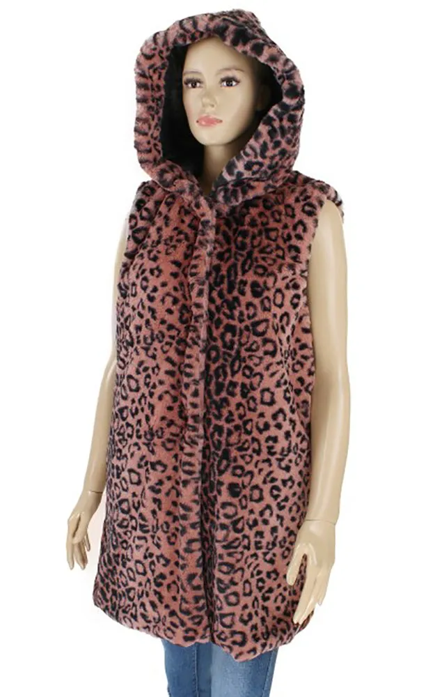 Y916 Leopard Print Super Soft Faux Fur Vest With Hood