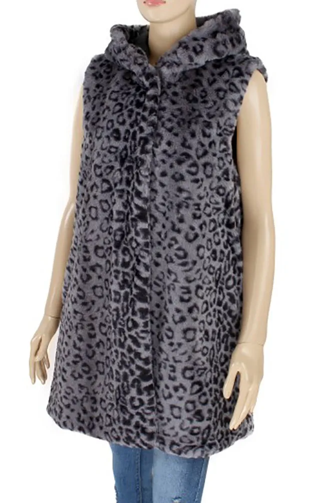 Y916 Leopard Print Super Soft Faux Fur Vest With Hood